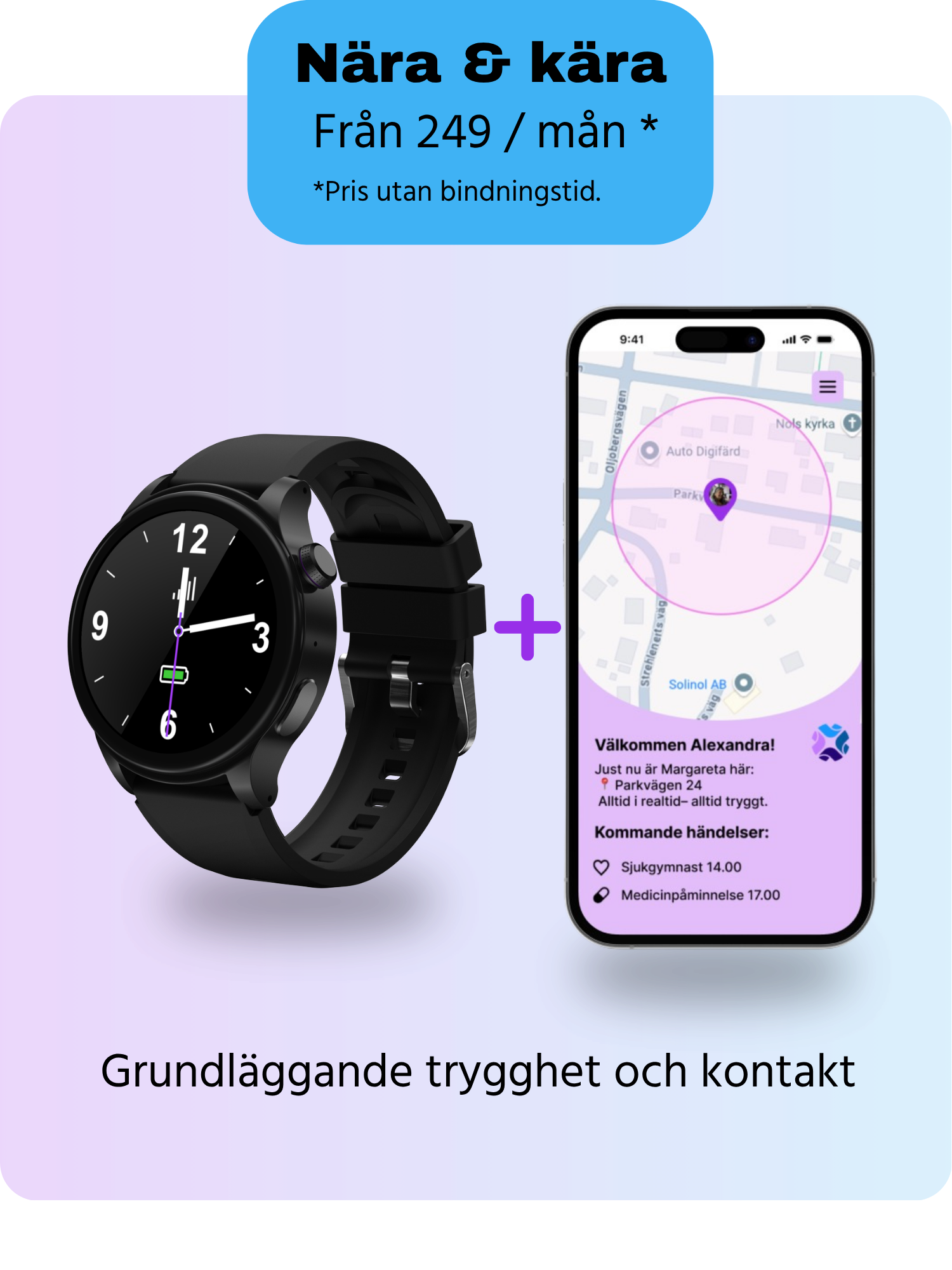 IrisCare trygghetsklocka tillsammans med mobilapp som visar GPS-position och trygghetsfunktioner