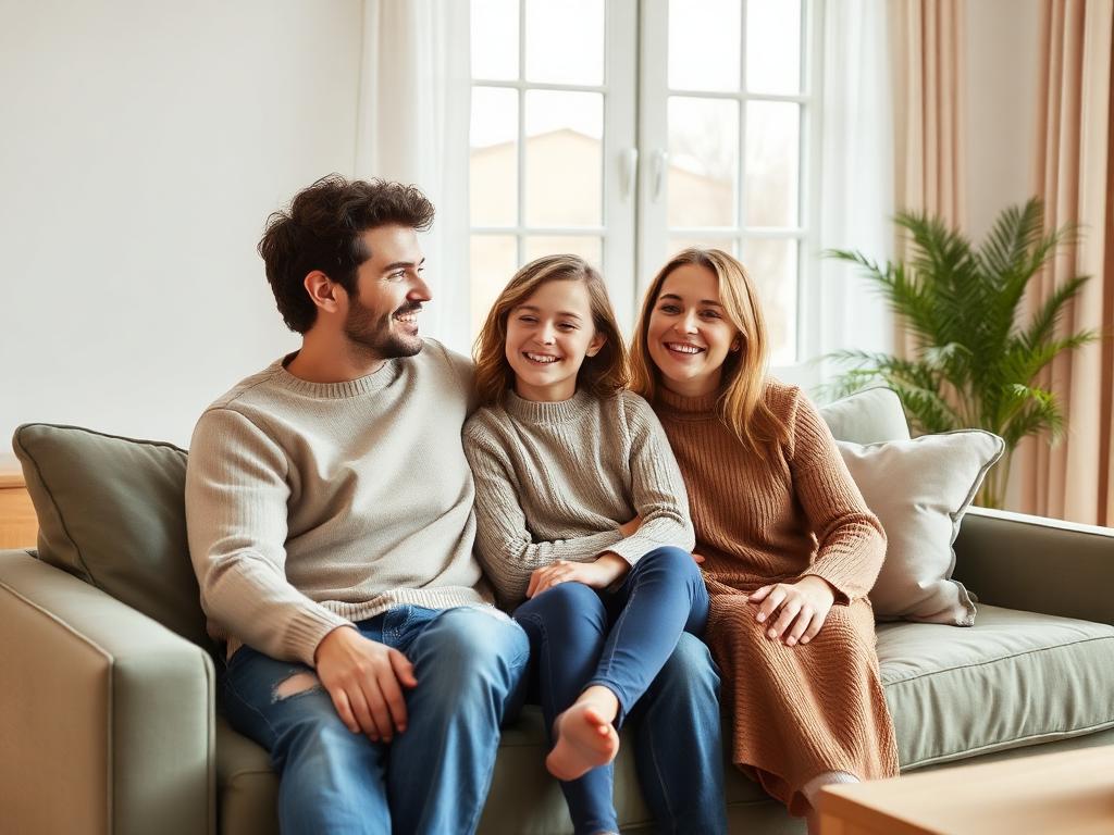 En familj sitter tillsammans i ett varmt, ljust vardagsrum